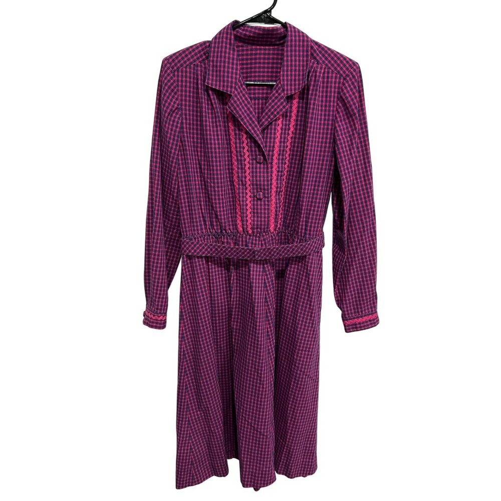 Vintage Gingham Long Sleeve Shirt Dress Pink Blue Belted Career Preppy Academia
